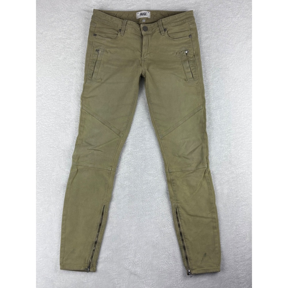 Paige Moto Skinny Jeans Olive‎ Green Zipper Detail Cotton Blend Size 27